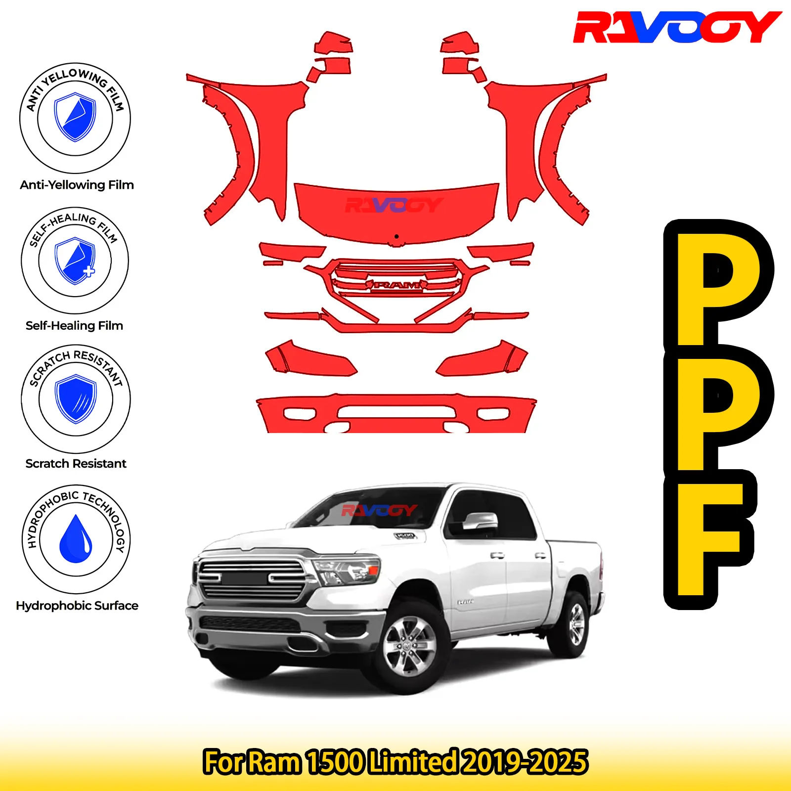 

For Ram 1500 Limited 2019-2025 Glossy Matte Black Precut front PPF Kit Paint Protection Film