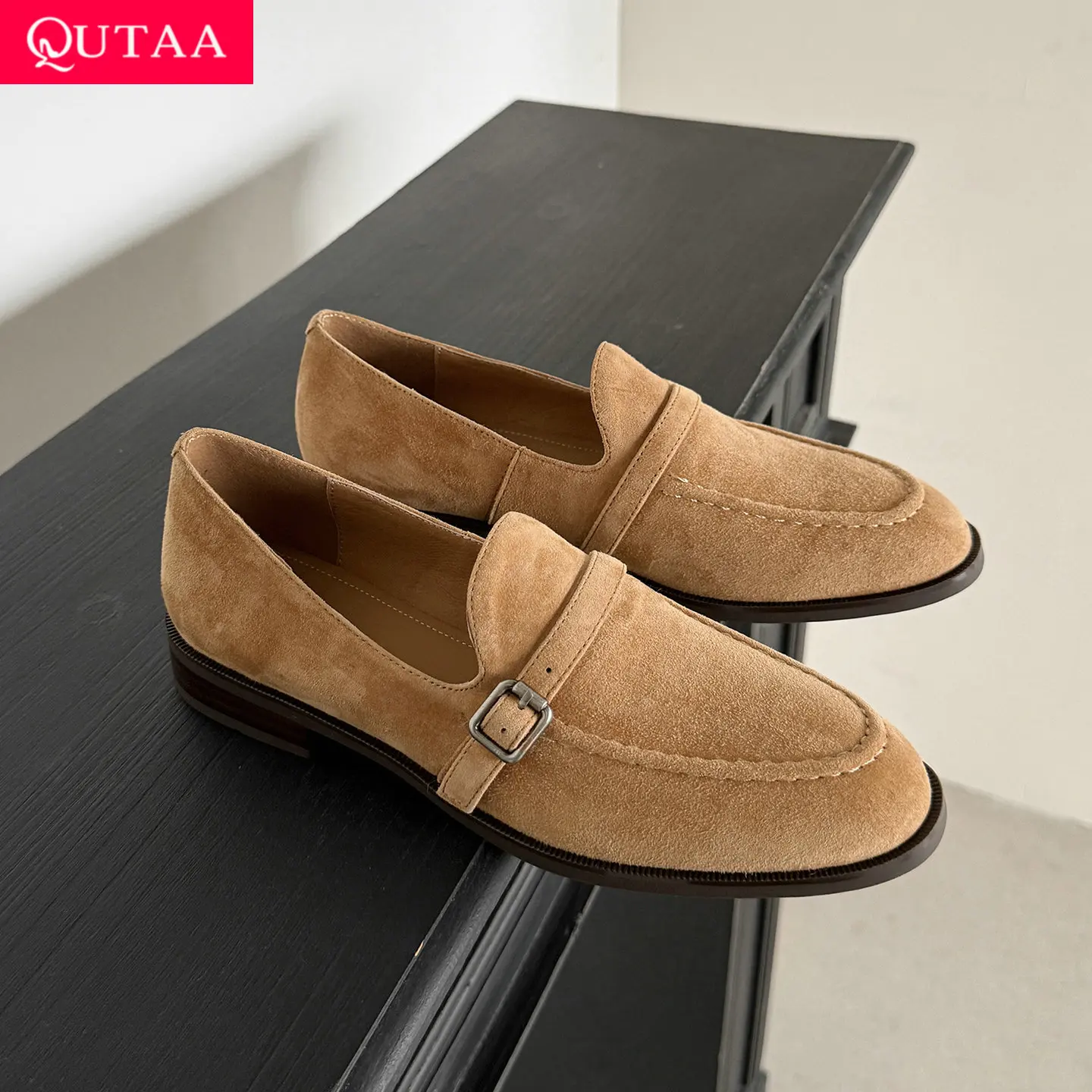 

QUTAA 2026 Fashion News Loafers Women Pumps Shoes Cow Suede Woman Spring Genuine Leather Casual Shoes Round Toe Ladies 34-40