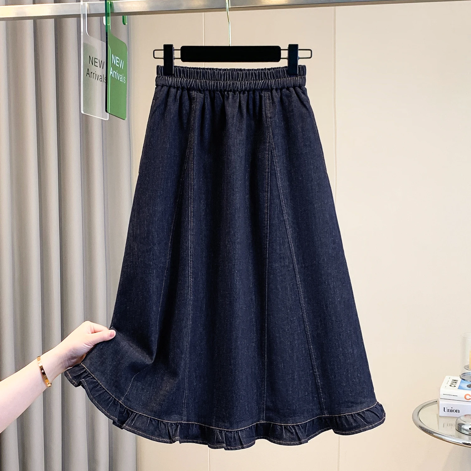 

Корейская джинсовая юбка больших размеров для женщин, весна-лето, новая коллекция, модная, стройнящая, миди, для повседневной носки, в художественном стиле