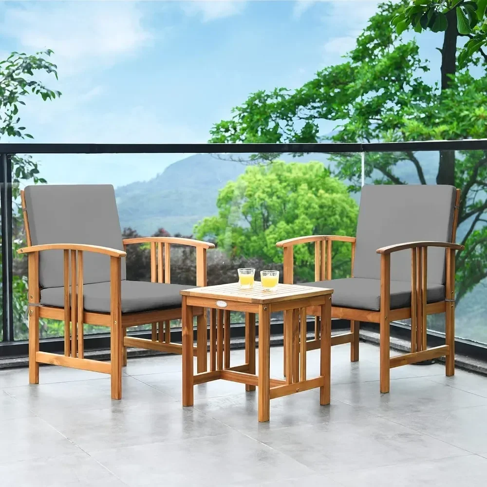 3 Pieces Patio Furniture Set, Includes Set of 2 Outdoor Acacia Wood Cushioned Chairs and Coffee Table, for Garden, Backyard