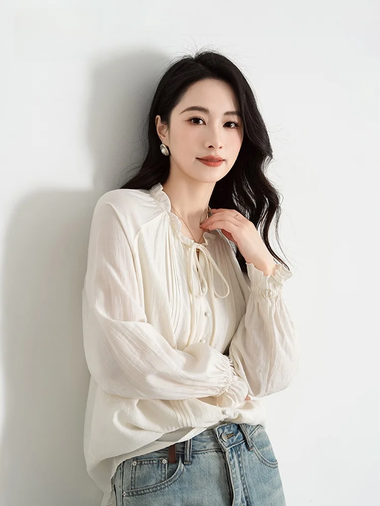 쉬파니 롱 슬리브 셔츠 여성용 봄 가을 2025 신상 스탠드 칼라 벨티드 나무 귀 레이스 스몰 프래그런스 스타일 이너웨어 탑