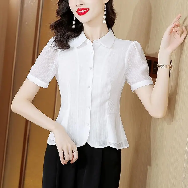 Women\'s Korean Fashion Elegant Button Up Shirt Office Lady Lapel Short Sleeve Commute Blouse Casual White Blue Slim Chiffon Tops