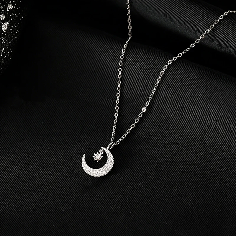 Huitan Fresh Star Moon Pendant Necklace for Women Sparkling Elegant Dainty Neck Accessory Charms Gentle Wedding Party Jewelry