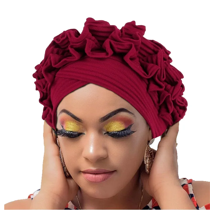 

2024 New Ruffled Turban Cap for Women African Lady Head Wraps Soild Color Headscarf Bonnet Cancer Chemo Hat Muslim Turbans