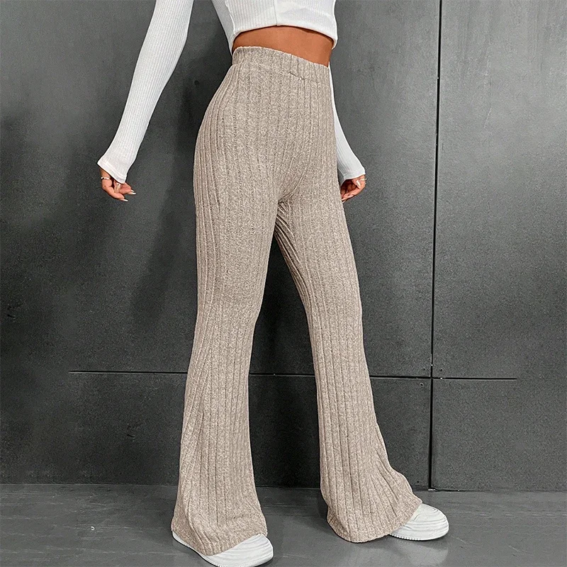 2024 Solid Wide Pit Stripe Casual Knitted Wide-Legged Pants For Women Keep Warm In Autumn And Winter