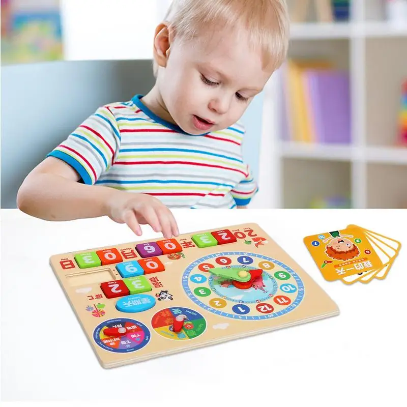 Toddler Calendar Wooden Kids Learning Calendar Clock Learning & Education Toys Jigsaw Puzzle Board Interactive Daily Calendar