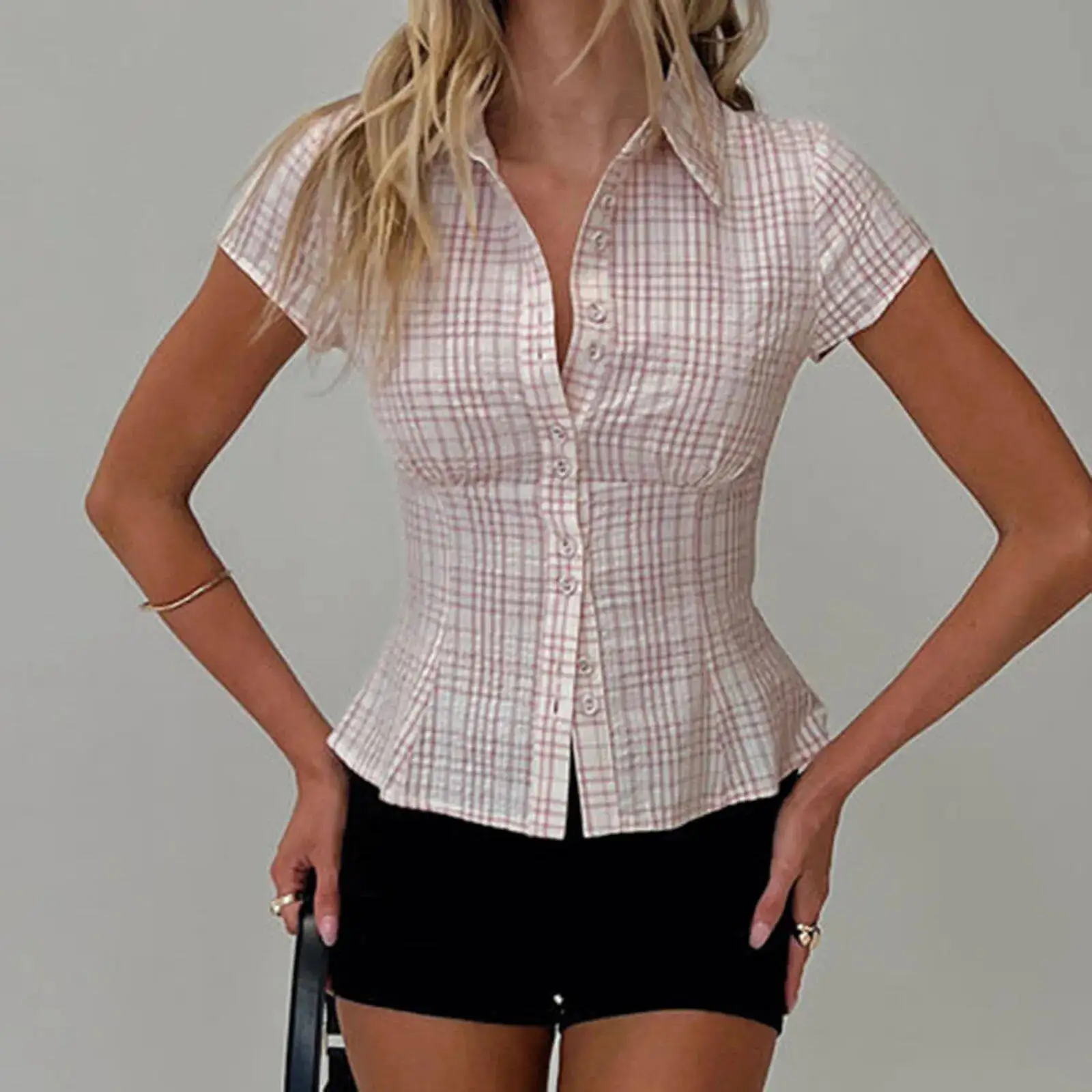 Women's Y2K Plaid Button down Shirt Short Sleeve Button down Blouse Casual Summer Top 90s Streetwear Checkered Shirt