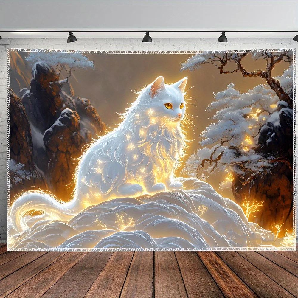 Fantasy Glowing White Cat Tapestry Boho Wall Hanging Mural for Bedroom Living Room Home Decor Art Majestic Forest Digital Print