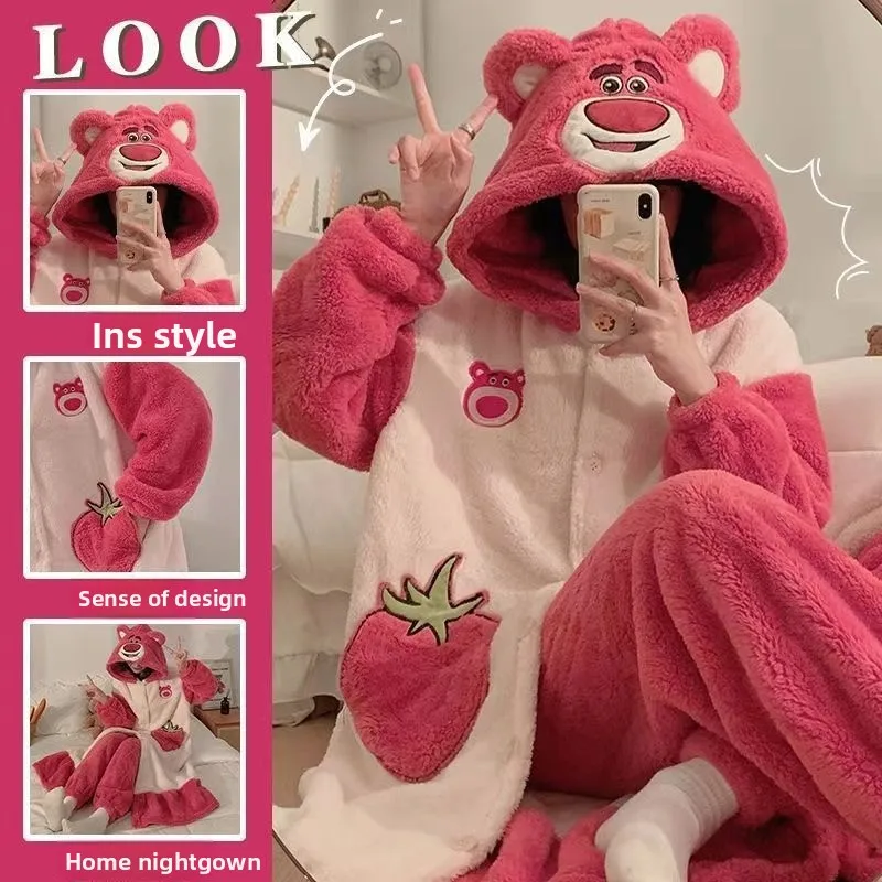 

Women's Plush Pajama Set, Winter Coral Fleece Robe Wearable Loungewear with Warm Lining