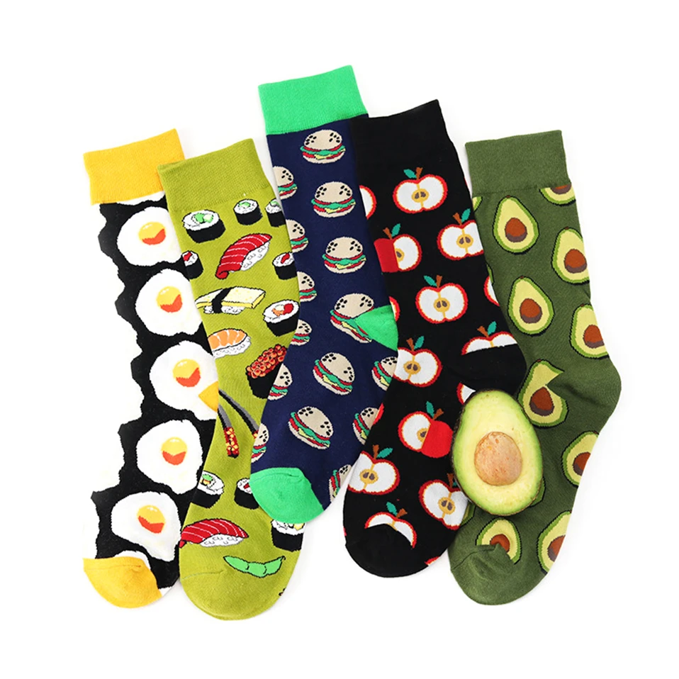 Fashion Art Harajuku Men‘s Socks Fruit Printed Happy Socks Avocado Apple Cherry Crew Men Funny Meias Cotton Soft Cozy Dropshippi