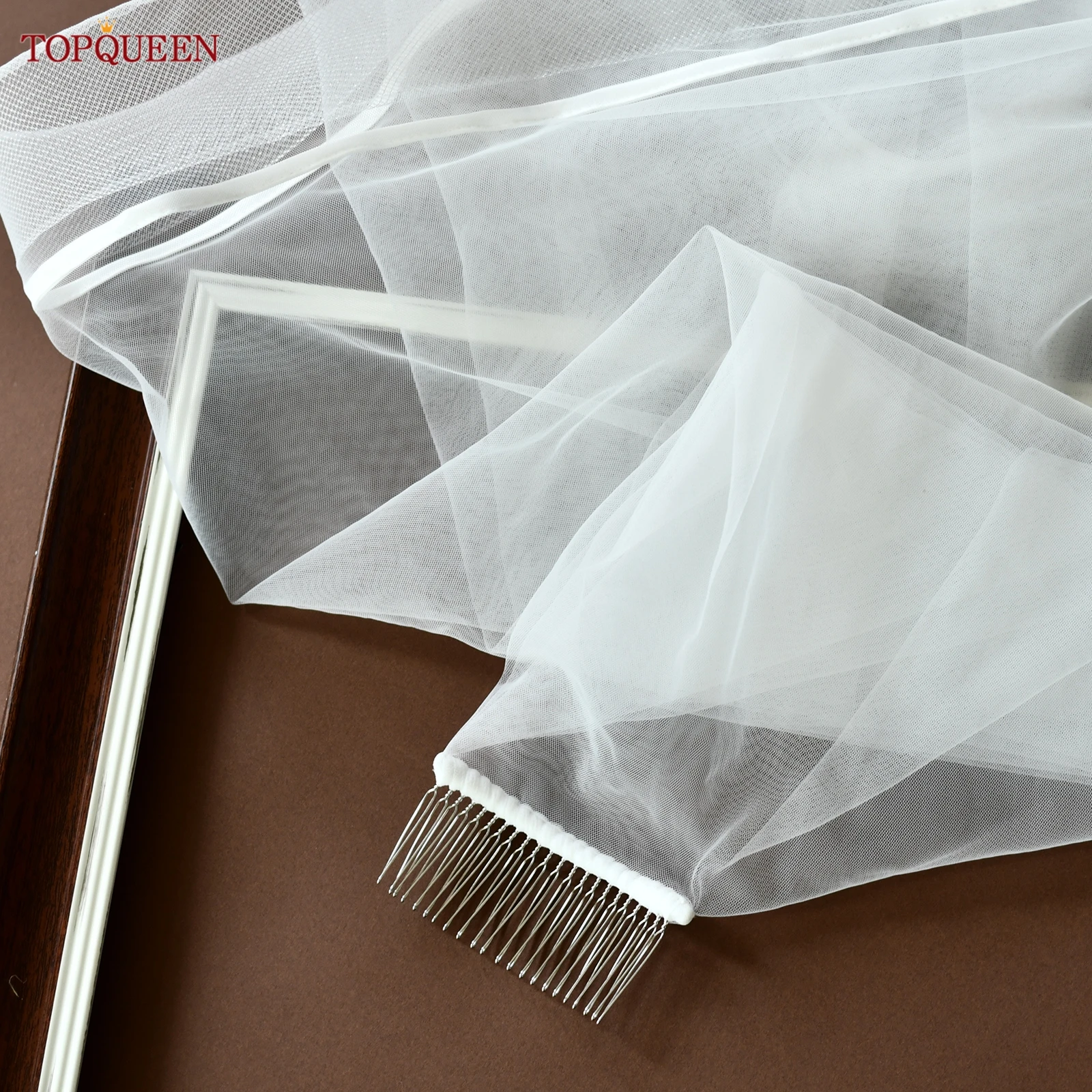 TOPQUEEN New Wide Ribbon Edge Bridal Veil Short With Blusher Tulle Church Wedding Veil With Comb Customizable V299