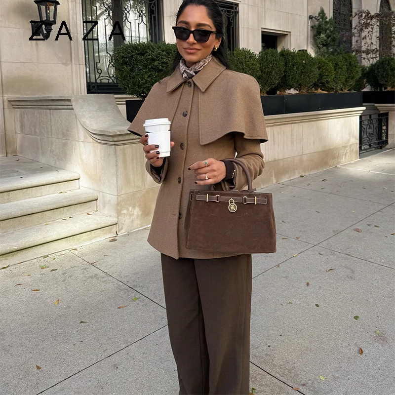 Zaza شيك شال سترة صوفية للنساء كم طويل واحدة الصدر التلبيب معطف الرأس 2025 جديد سيدة الخريف الشتاء أبلى