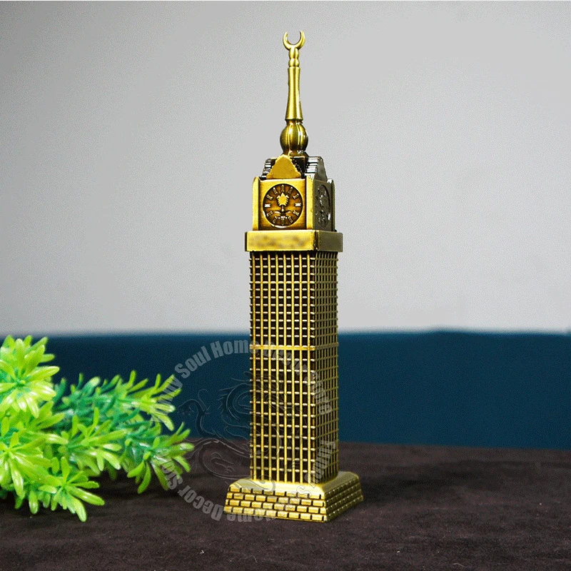 برج الساعة الملكي المعدني من Mecca نموذج فندق إسلامي المملكة العربية السعودية Mecca Landmark بناء تذكار فريد هدية ديكور قابلة للجمع