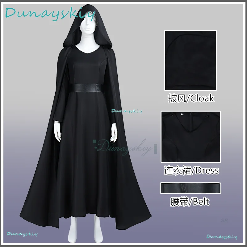 

Rey Black Long Robe Cosplay Costume Adult Woman Costume Full Set With Cloak And Dress Pants Halloween Party Carnival Suit