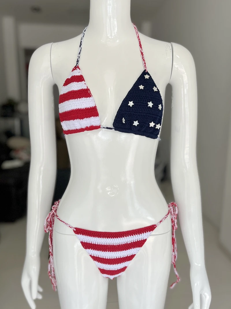 

USA American Flag Micro String Crochet Bikini Swimsuit Cover Ups Sexy The Stars And The Stripes Handmade Beachwear Outfits