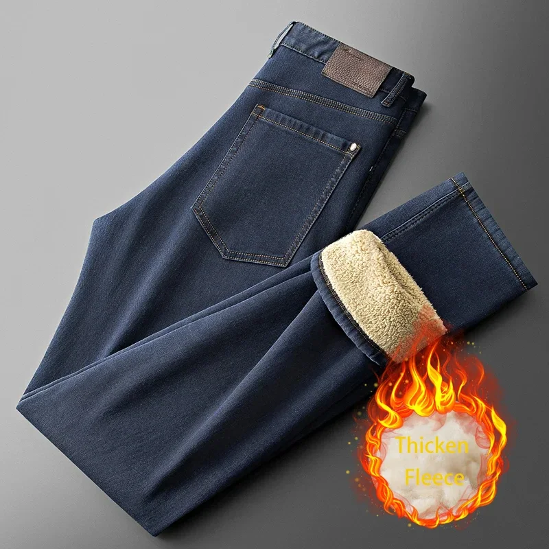 Straight Jeans Pants Men Fleece  Winter Popular Dark Blue Casual Jeans Man Business Fashion Padded Jeans