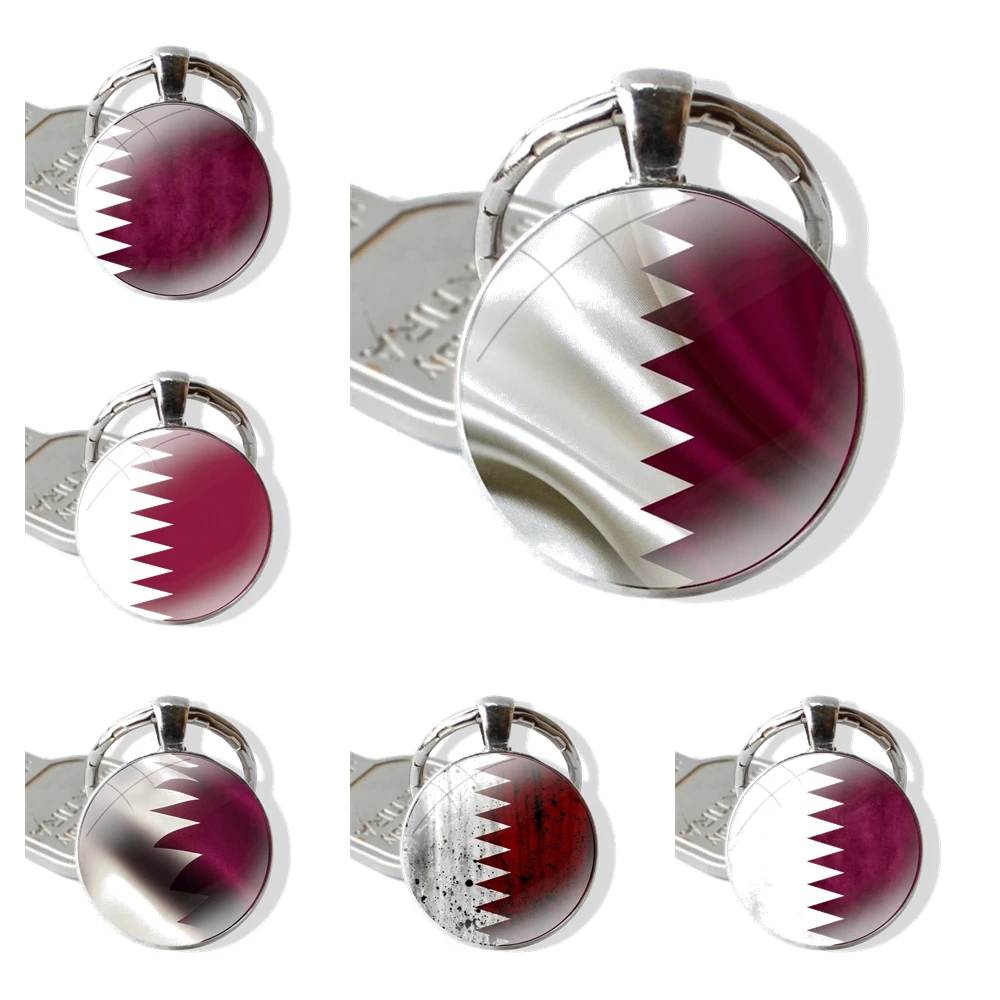 Qatar Flag National Banner Keychain Glass Cabochon Metal Pendant Classic Men's Women's Keyring