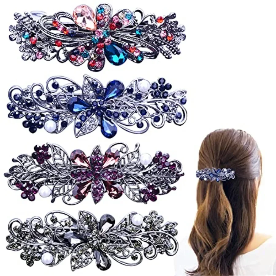 

4 PCS Hair Barrettes for Women Ladies, Flower Crystal Rhinestones Barrette Pearl Spring Hair Clip Accessories Women Fashion Pon