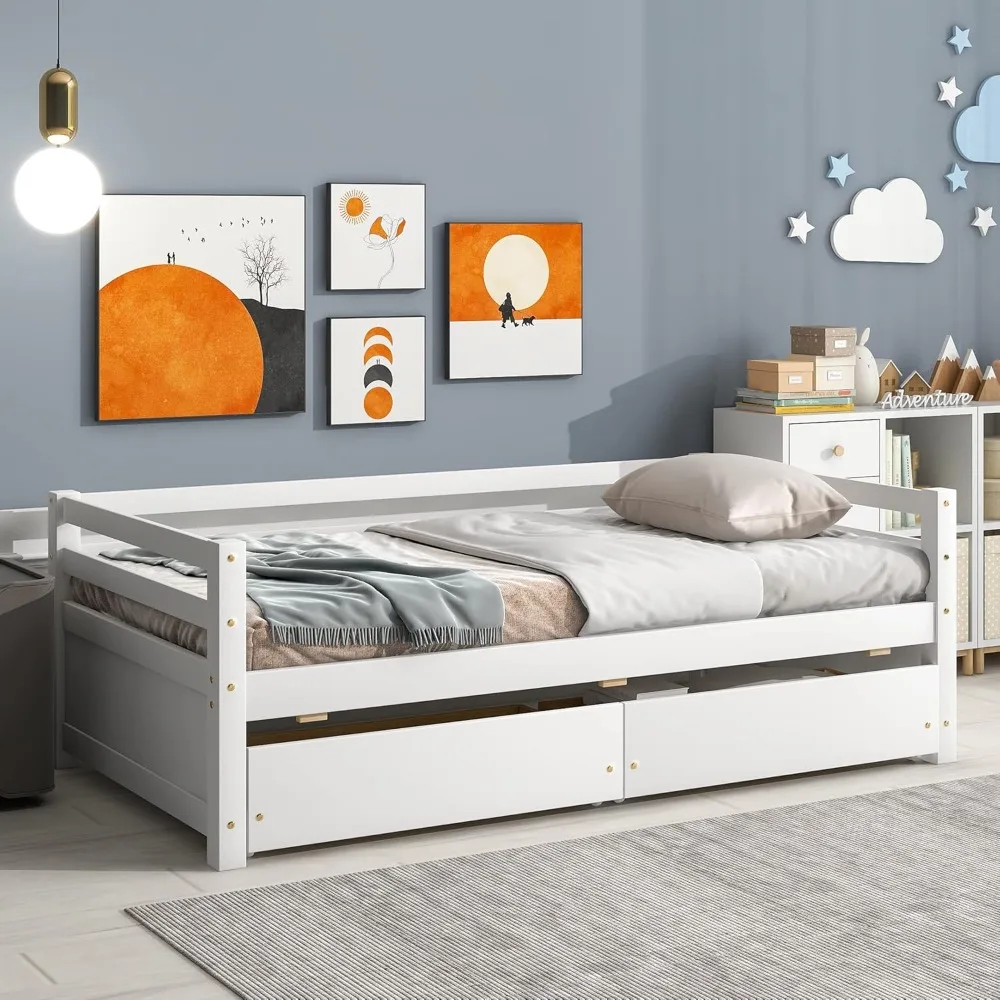 Kids Full Bed with Guardrails, Low Platform Bed with Headboard and Footboard, White Children Bed Frame with 2 Drawers for Boy