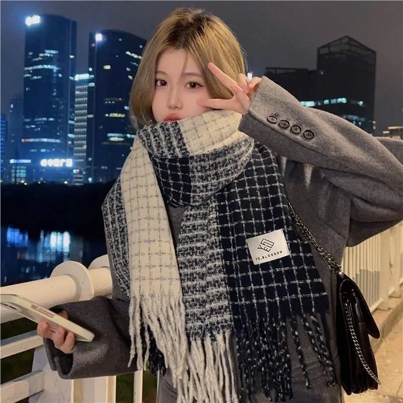 Unisex Tassel Plaid Scarf Versatile Warm Long Shawl For Winter Daily Student Neck Wrap Dual Purpose Scarves