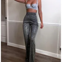 Sexy Women High Waist Slim Long Pants Solid Flash Diamond Flare Wide Leg Trousers Female Elegant Gray Fashion Casual Y2K Pants