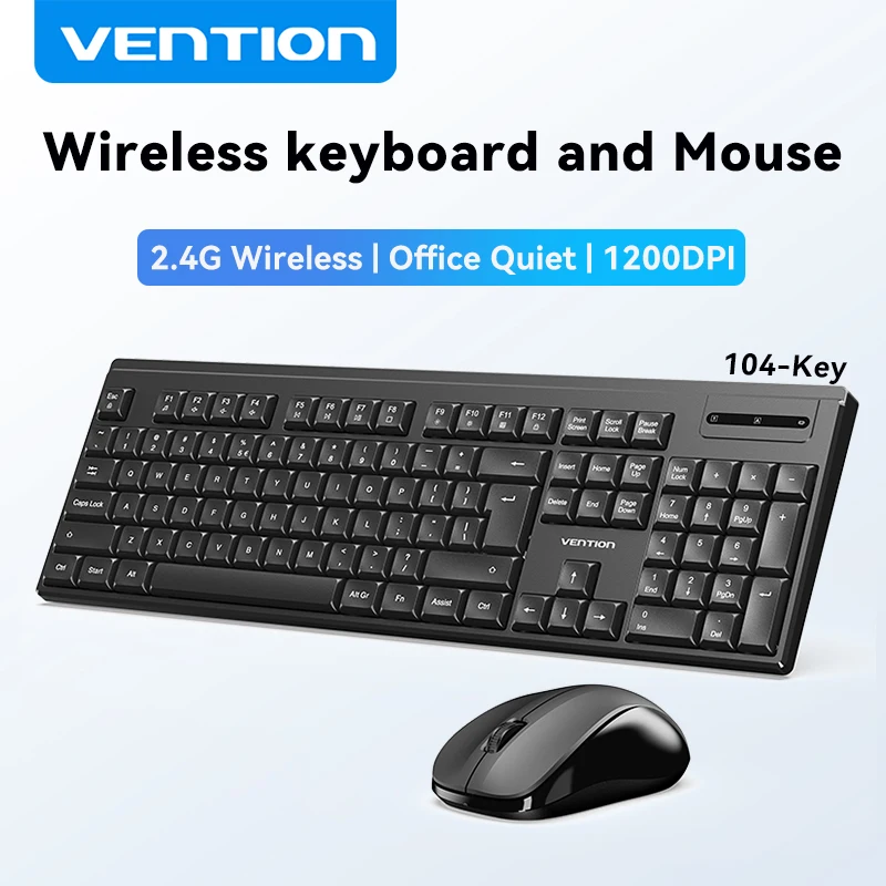 

Vention Wireless Keyboard Mouse Combo USB 2.4GHz Silent Office Ergonomic Design 1200 DPI Mouse 104 key Keyboard for Window PC