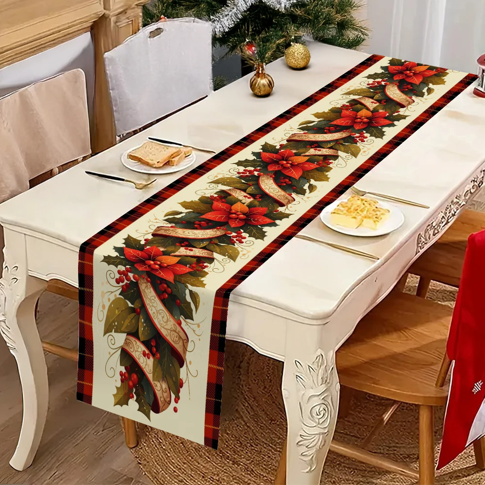Christmas Poinsettia  Table Runner Red Plaid Edge Xmas Holiday Floral Table Decoration Farmhouse Dining Kitchen Table Runner