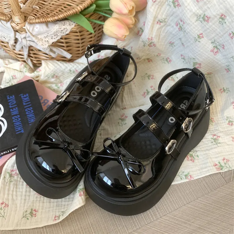 Women's Chunky Round Toe Pumps Sweet bow Lolita Shoes new Girls Kawaii heart-shaped buckle Mary Jane shoes JK Uniform Shoes image 5