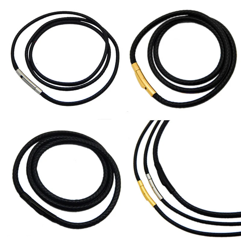 2mm 3mm Black Leather Waxed Cotton Cord Thread Stainless Steel Clasp String Strap Necklace Rope for Diy Jewelry Making 60cm 70cm