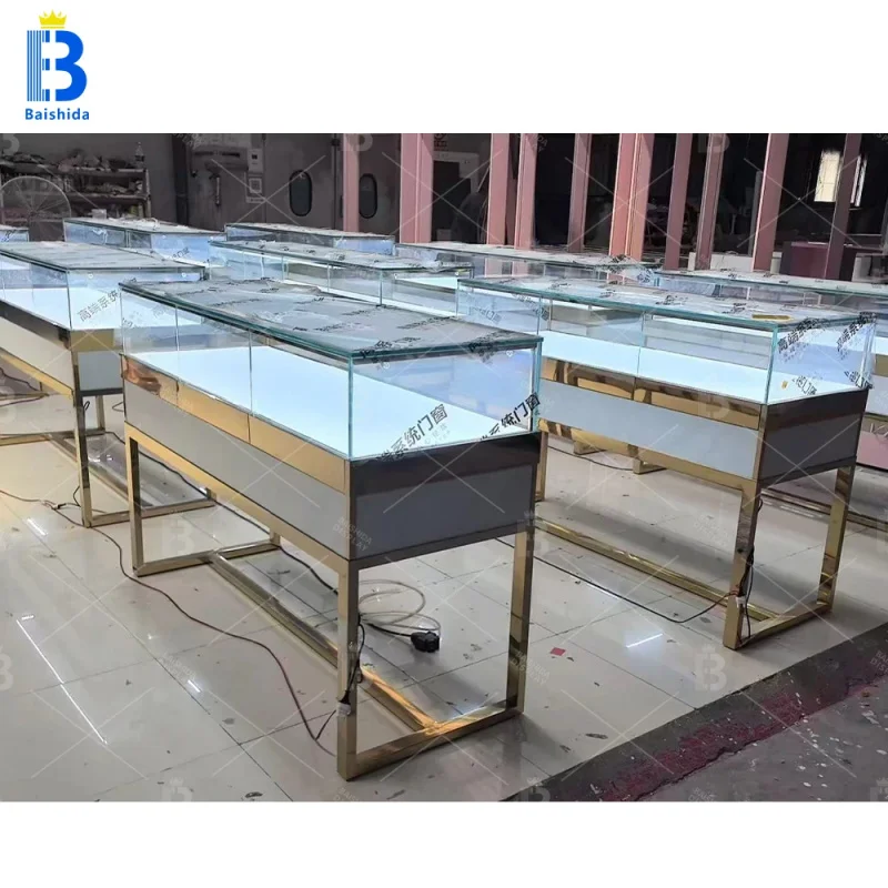 custom.Custom European Design Waterproof Durable Jewelry Store Showcase Reception Desk Display Stand LED Lighting Factory Direct