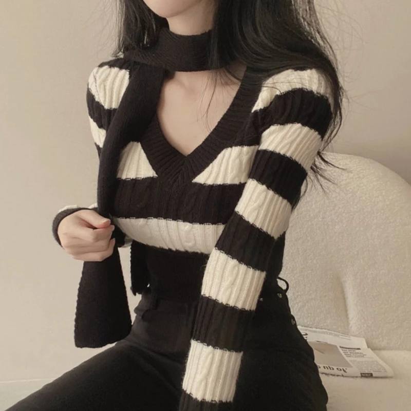 Long Sleeve Cable Knit Striped Sweater with Scarf Neckline Sexy V-Neck Bodycon High Waist Pullover Crop Top for Women