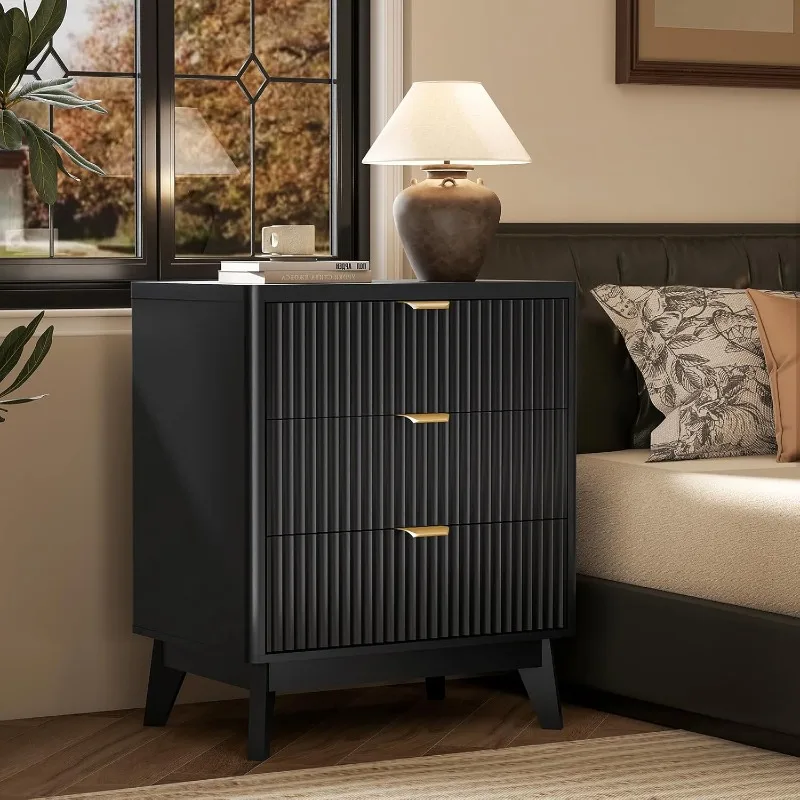 Fluted Nightstand With 3 Drawers Dresser, Modern Wood Chest Of Bedside Table With Curved Profile, Fluted Dresser & Wood Drawer