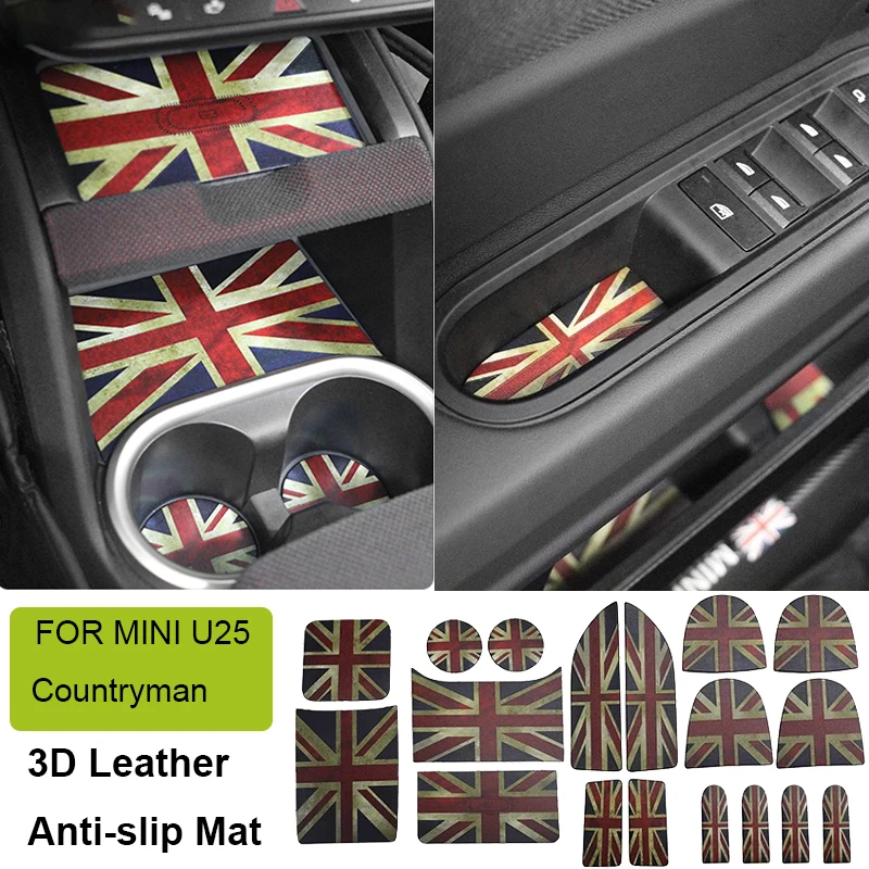 18pcs 3D Leather Car Door Groove Mat Slot Cup Holder Pad Anti-slip Decoration Cover Auto Accessories for Mini Countryman U25