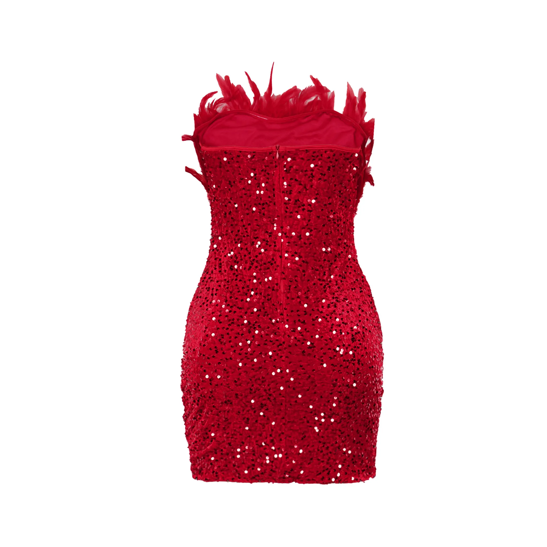 Fashion Women's Tube Top Dress Feather Tight Sequin Party Zipper High Waist Hip Sexy Party Nightclub Female Mini Skirt