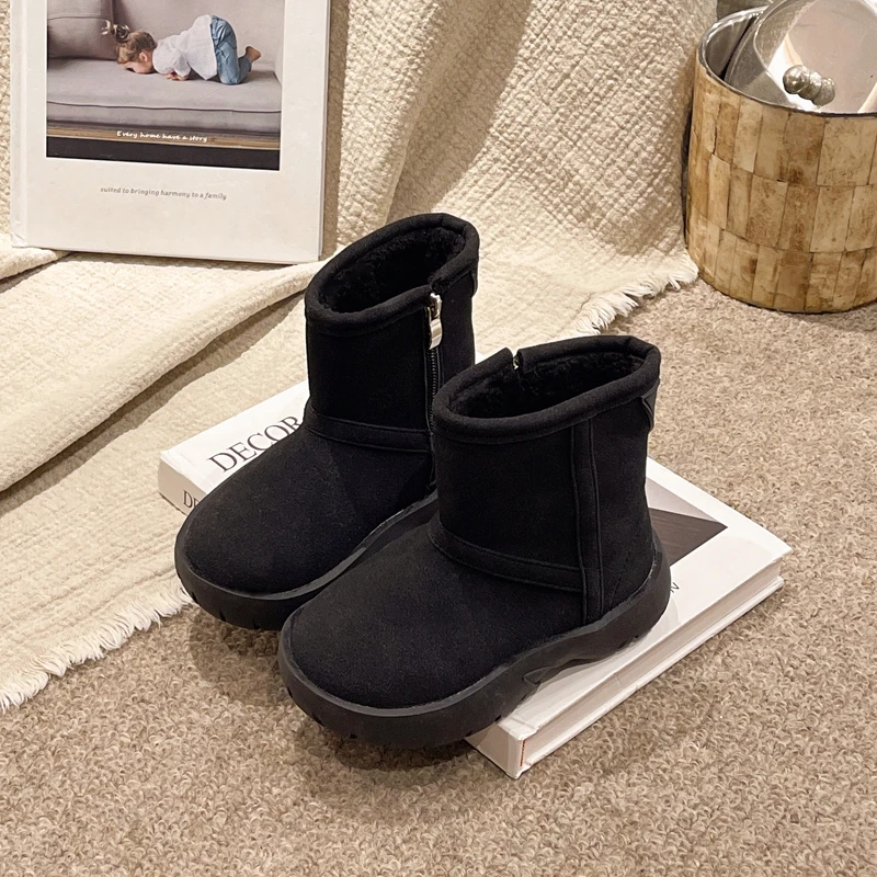 어린이 가죽 부츠 둥근 앞코 단색 여자 짧은 부츠 한국 스타일 2025 가을 겨울 신상 어린이 따뜻한 신발 부드러운 밑창