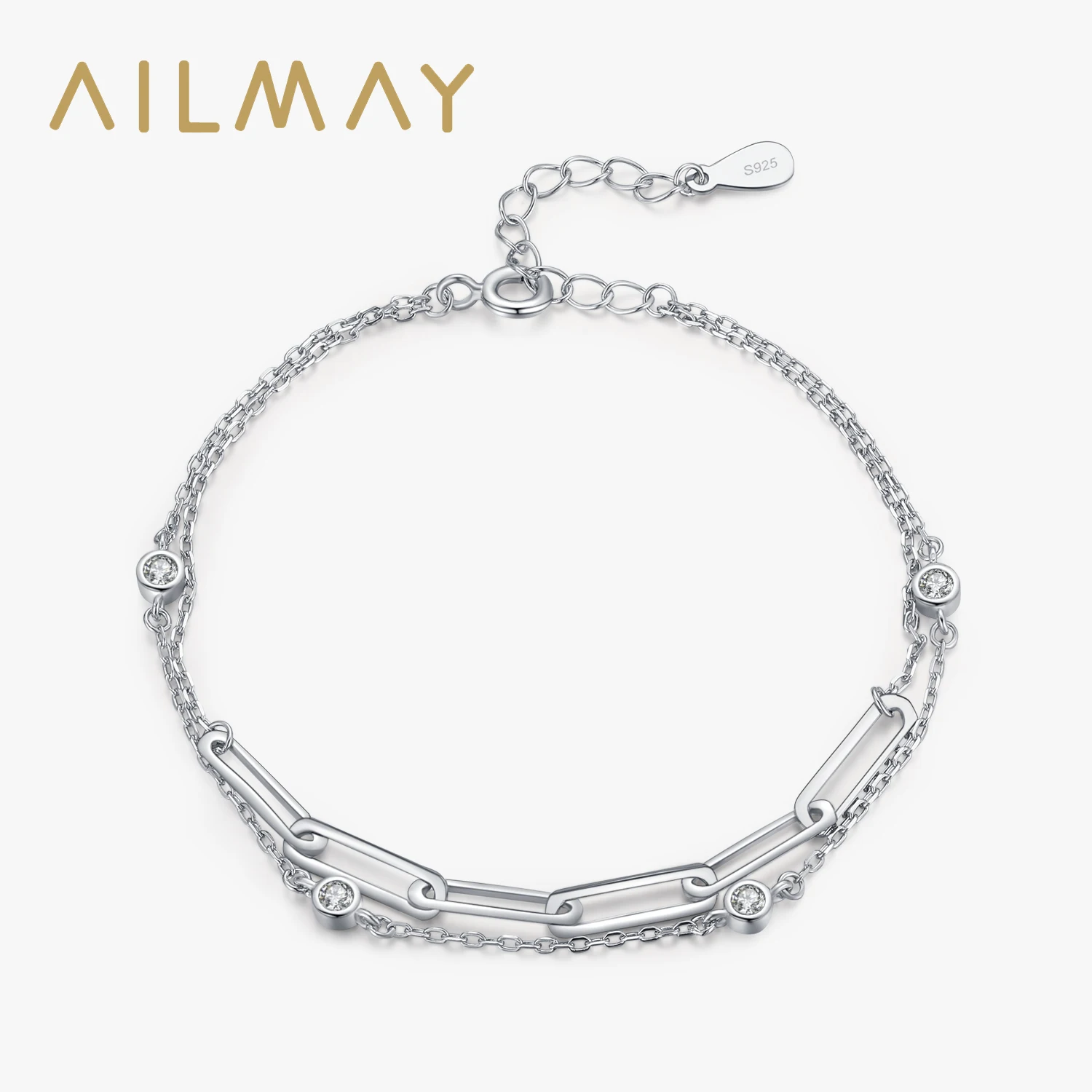 Ailmay 2022 New Real 925 Sterling Silver Luxury Round Zirconia Adjustable Chain Bracelet For Women Wedding Engagement Jewelry