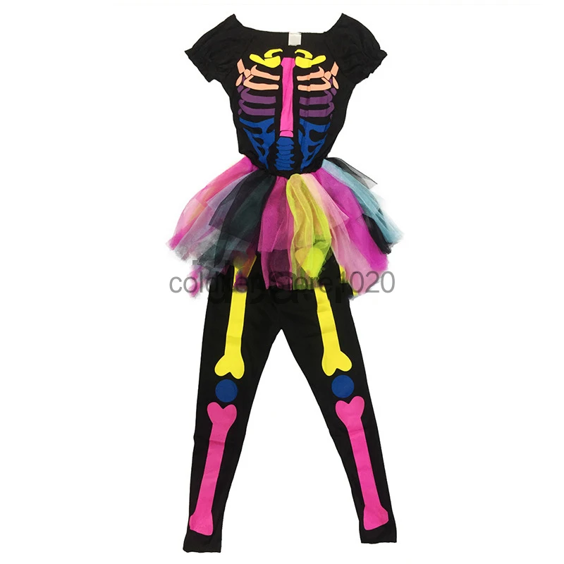 2024 Children Fancy Rainbow Skeleton Ghost Costume Kids Punky Skeleton Tutu Dress Girls Halloween Purim Carnival Party Outfits