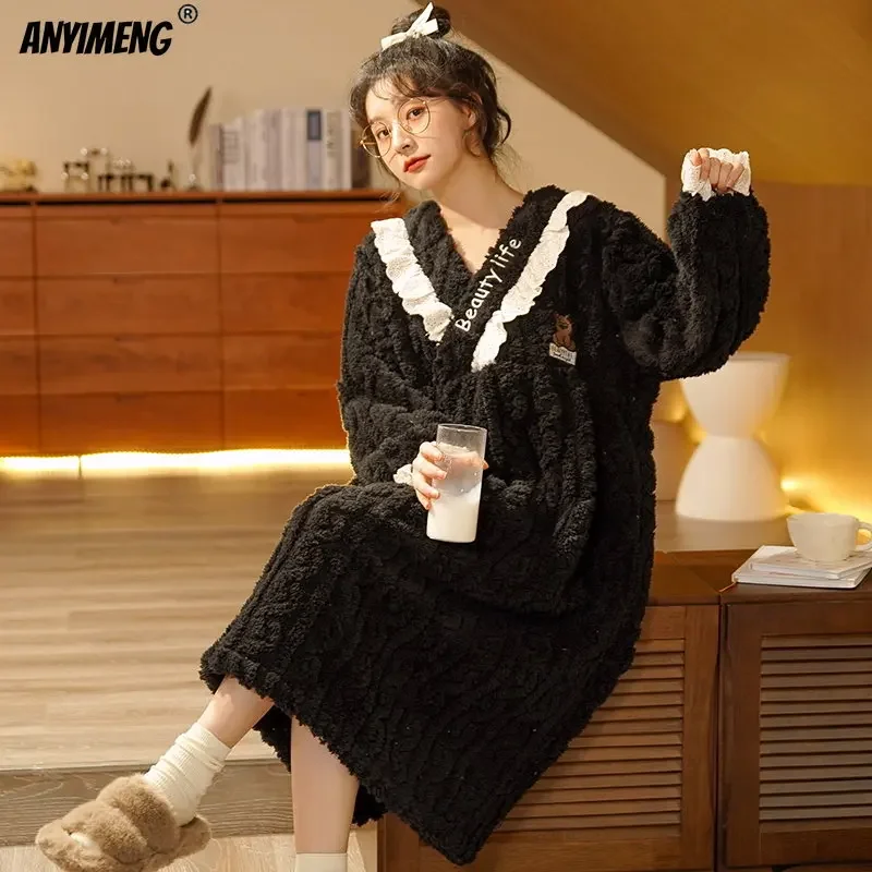 Winter Thick Velvet Nightgowns for Women Plus Size M-4XL Thermal Long Sleep Dress Kawaii Bear Girl Teddy Soft Velvet Nightdress