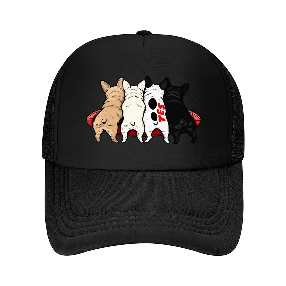 Four French Bulldogs Standing Together Red Skateboard Graphic Mesh Baseball Cap Hip Hop