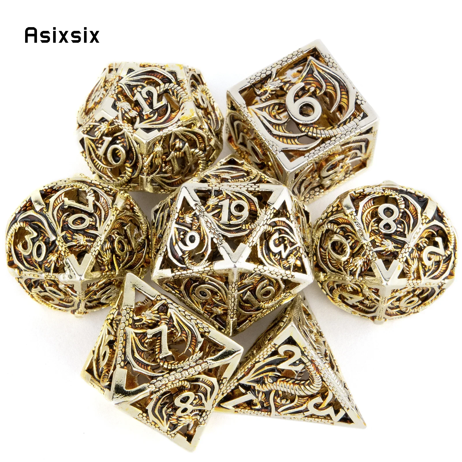 

7 Pcs Light Golden Dragon Metal Dice Dragon Hollow Metal Polyhedral Dice Set Suitable for Role-Playing RPG Board Game Card Game