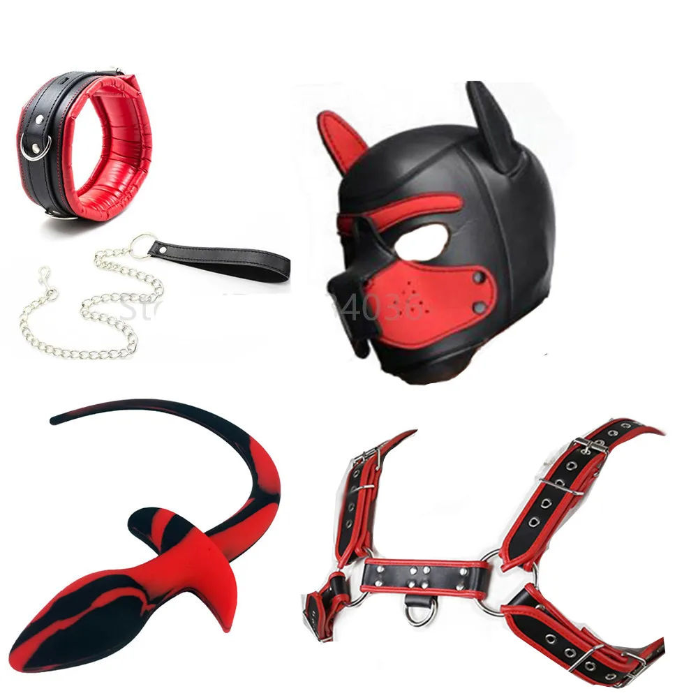 Fashion Puppy Cosplay Dog Mask Head Gear Party PU Leather Rubber Unisex Masks Adjustable Shoulder Strap Leather Chest Harness