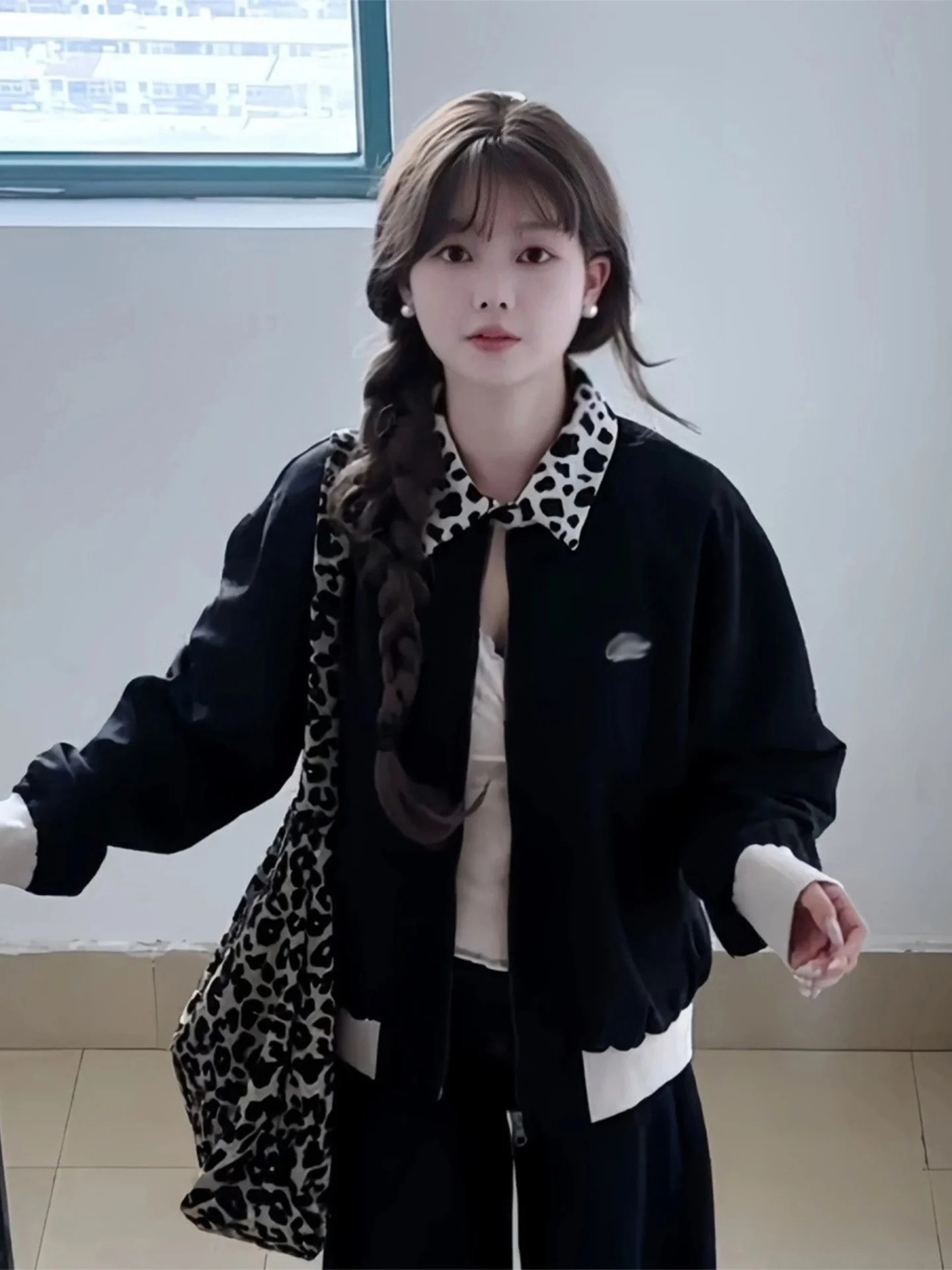 Black Cow Pattern Stand Collar Patchwork Jacket Short Loose Embroidery Color Block Women's Casual Style Autumn Outerwear