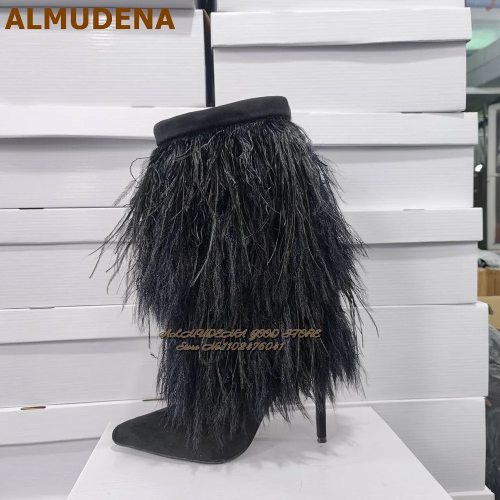 ALMUDENA Black Feather Fluffy Mid-Calf Warm Boots Thin High Heel Suede Pointed Toe Middle Boots Furry Real Photo Shoes Plush