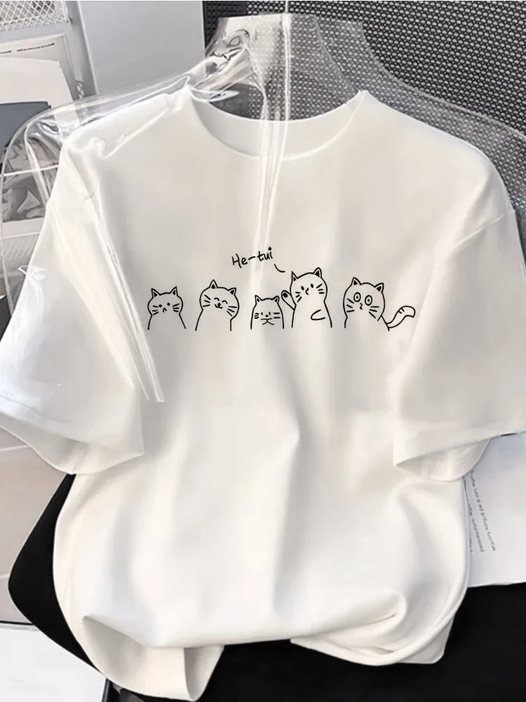 

Новинка 2025 года, минималистичная футболка с принтом кошачьего лица, мягкий повседневный повседневный топ, свободный крой, с круглым вырезом, с короткими рукавами, дышащий комфортный дизайн