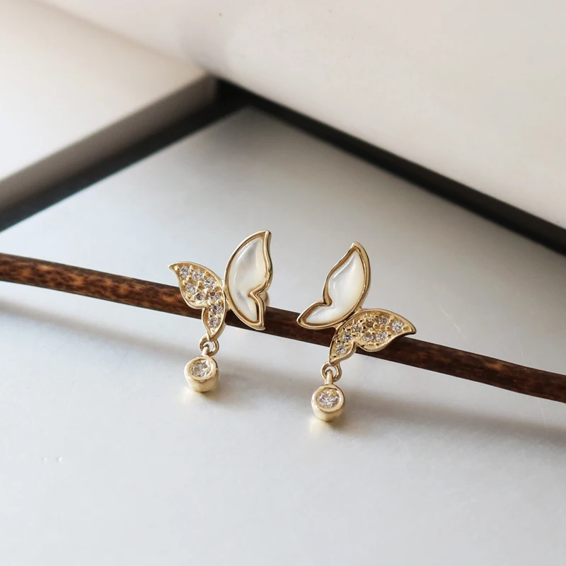 AU417 Women's 10K Solid Gold Simple Zircon Dainty Drop Earrings Classic Butterfly Design for Wedding Party or Gift