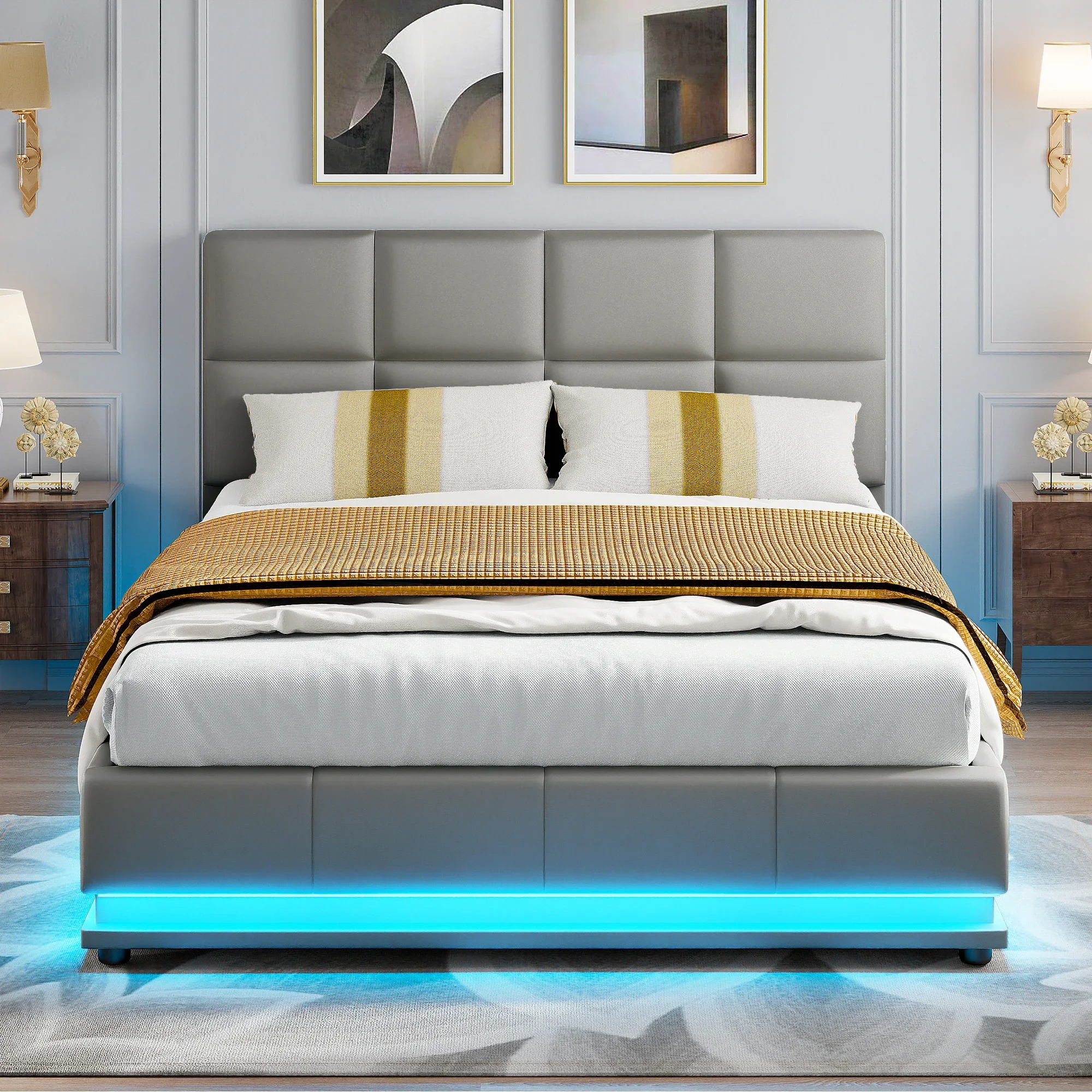 Rosahqnda gestoffeerd tweepersoonsbed 140 x 190 cm met hydraulische opbergruimte, jeugdbed met LED en USB-oplaadstation