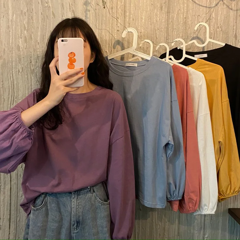 plus Size Women's Casual Lantern Sleeve T-Shirt Loose Fit Autumn New Style Simple Match Nine Points Sleeve Korean Version
