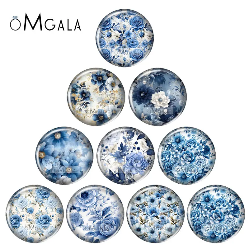Watercolor Bule Rose Flowers Patterns 12mm/16mm/18mm/25mm Round photo glass cabochon demo flat back Making findings