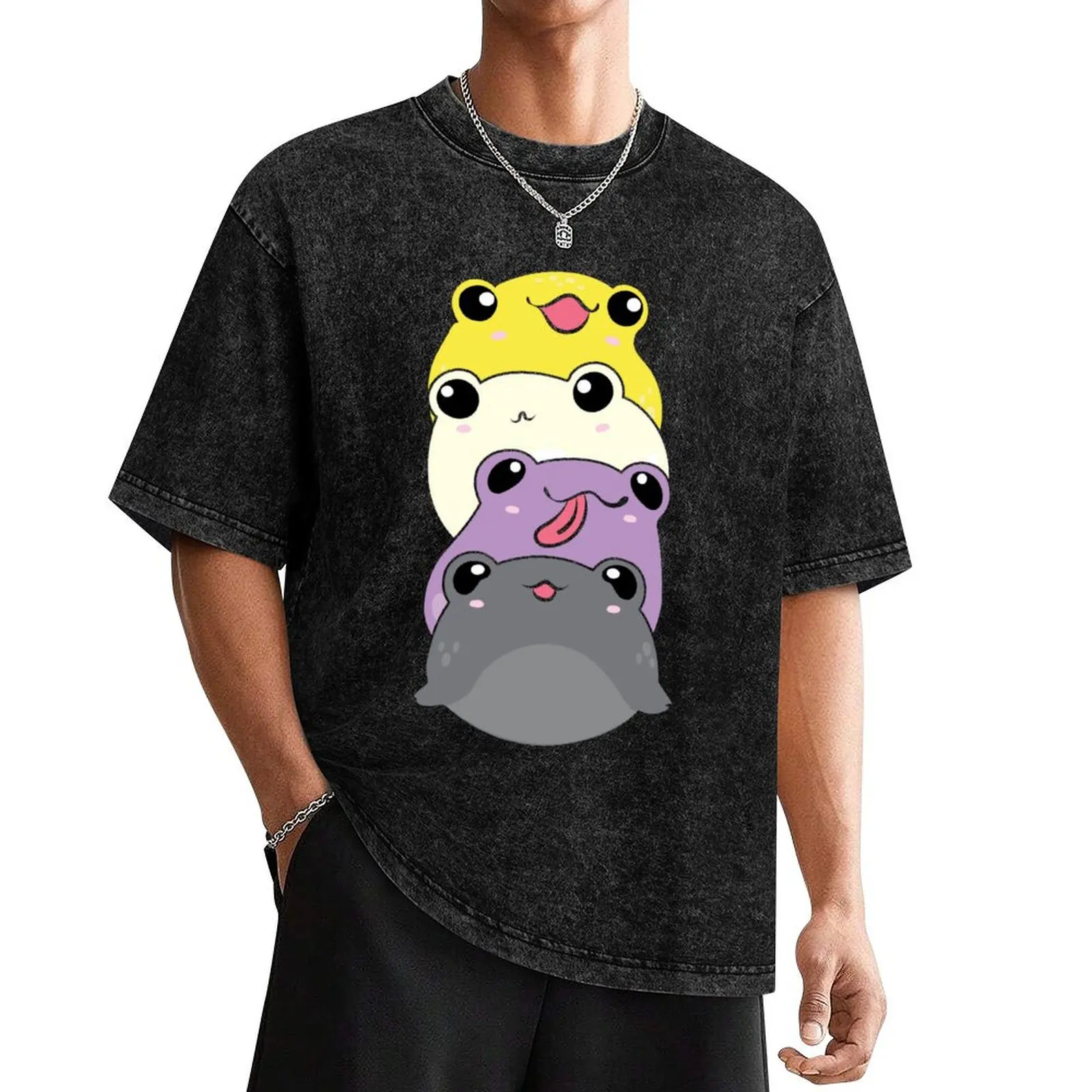 Nonbinary Pride Frog - Cute Kawaii Aesthetic Frog - Subtle Non-Binary Enby NB Pride Flag Colors Frog Pile T-Shirt