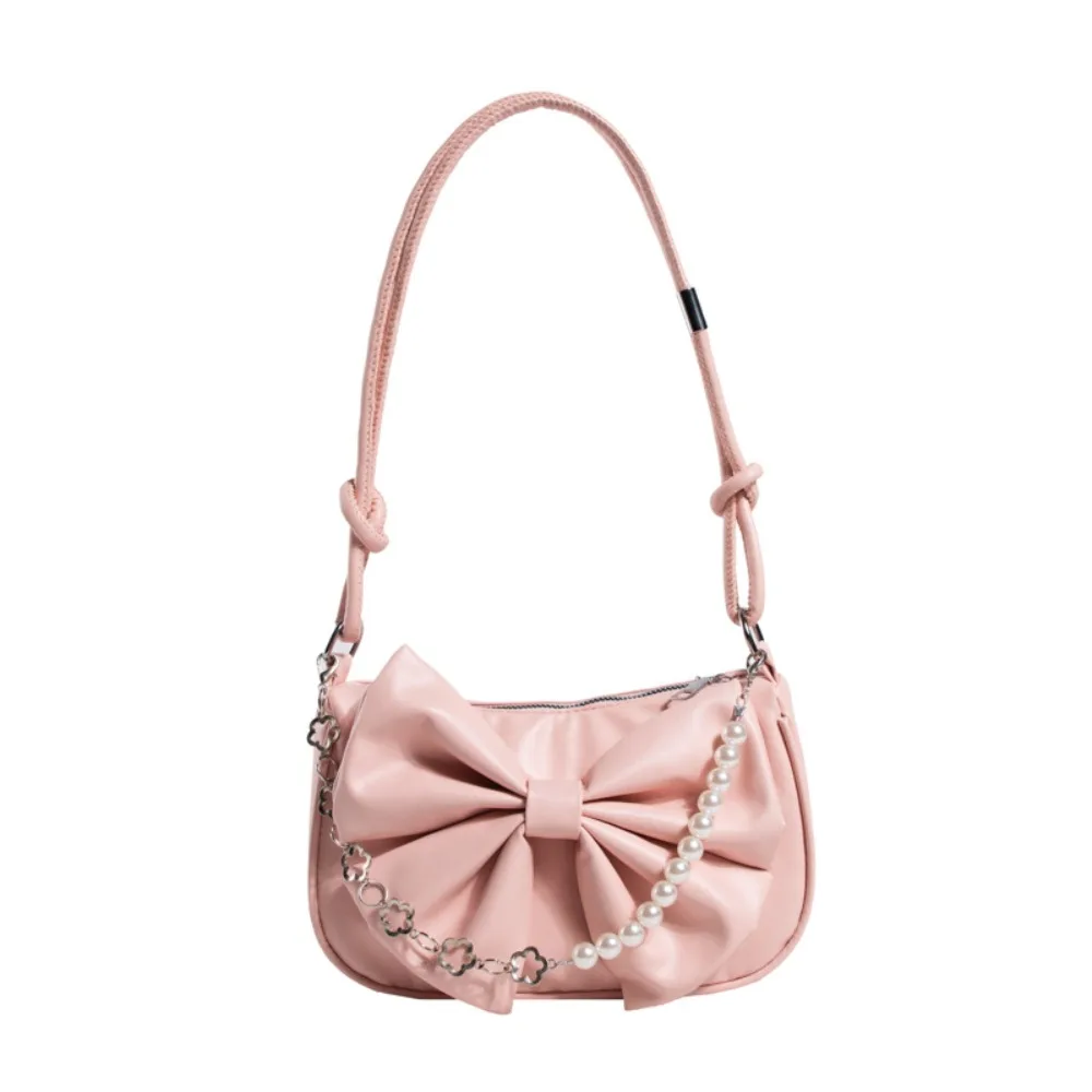 

Sweet PU Leather Bowknot Shoulder Bag Pearl Solid Color Women Underarm Bag Adjustable Large Capacity Bow Handbag Daily